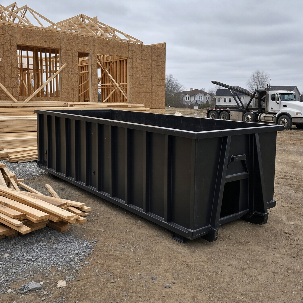Matte-black 40-yard roll-off dumpster staged on a framed-out residential construction site in Buckley, framing lumber stacked nearby, hooklift delivery truck visible in the background under bright Colorado daylight