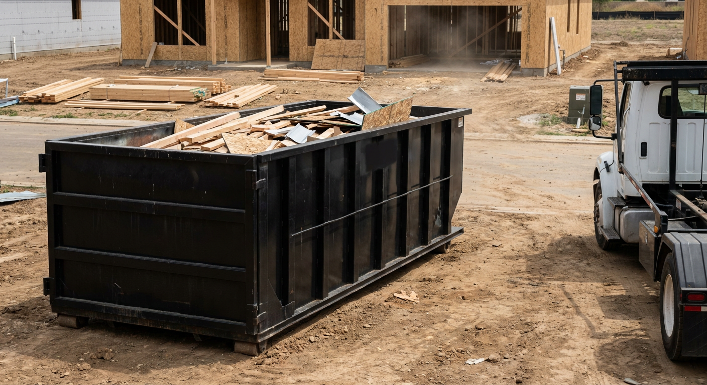 Matte-black 20-yard roll-off construction dumpster with heavy ribbed steel sidewalls and swing rear doors at a working jobsite in Buckley, sitting directly on compacted dirt with an unmarked white hauler partially visible at the far edge of the frame.