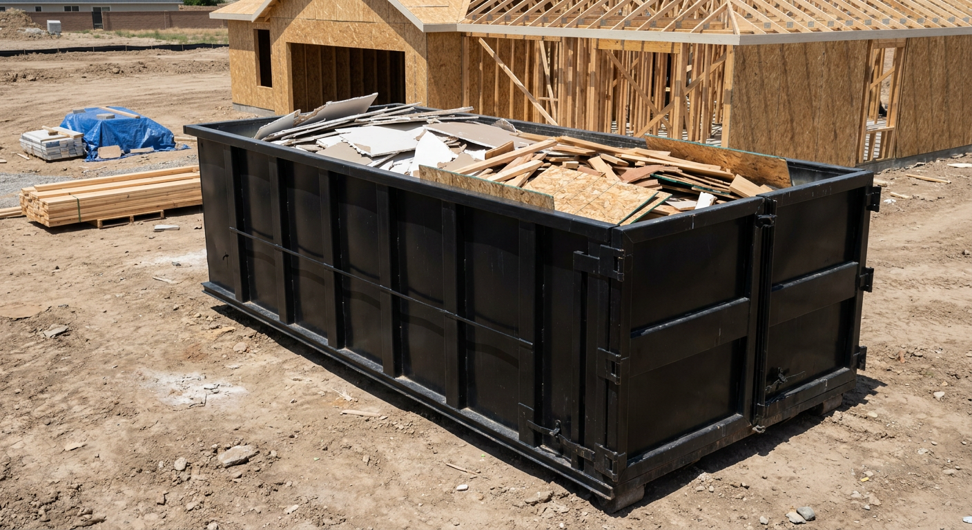Matte-black 30-yard roll-off construction dumpster sitting directly on the compacted-dirt site of a framed single-family home build in Buckley, drywall and lumber scrap loaded inside.