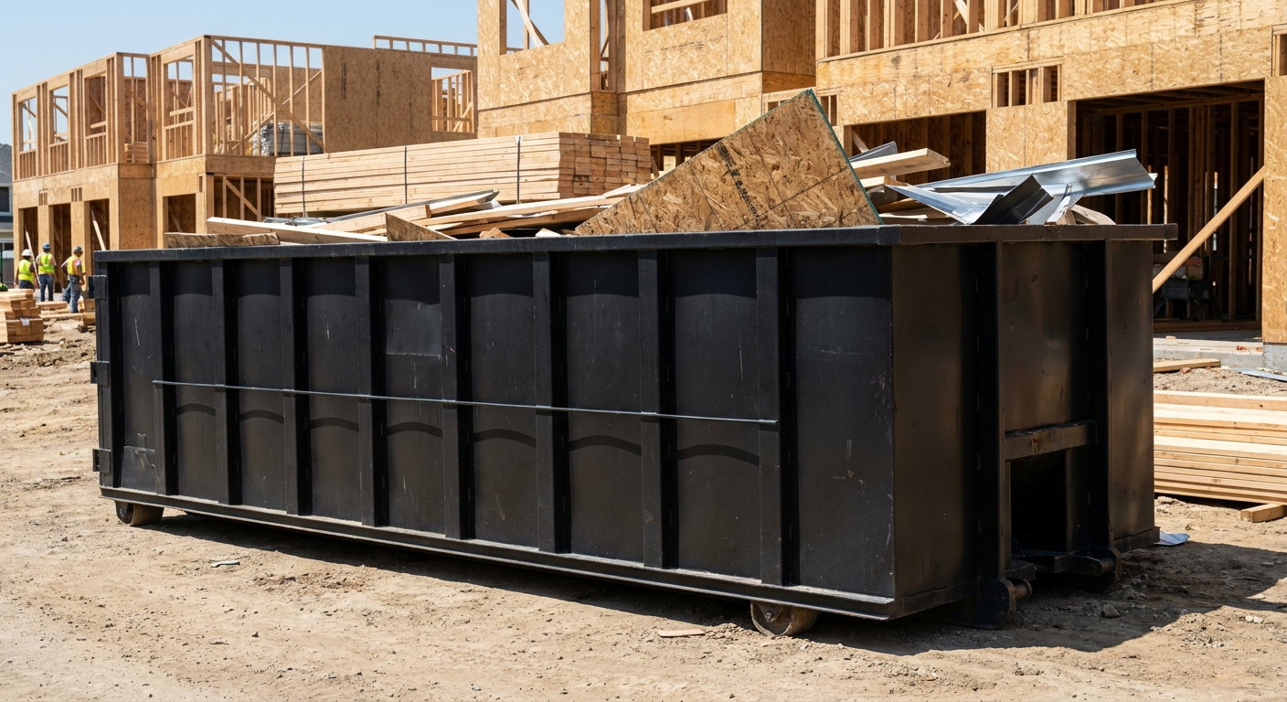 Matte-black 40-yard roll-off construction dumpster being lowered from a white-cab hooklift delivery truck onto the compacted-dirt jobsite at a commercial build site in Buckley