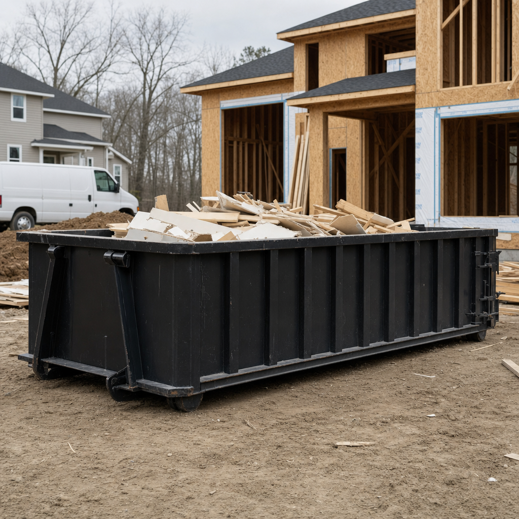 Worker in a yellow high-visibility vest tossing framing lumber and broken drywall into a matte-black 30-yard construction roll-off dumpster on an active build site in Buckley, bright daylight