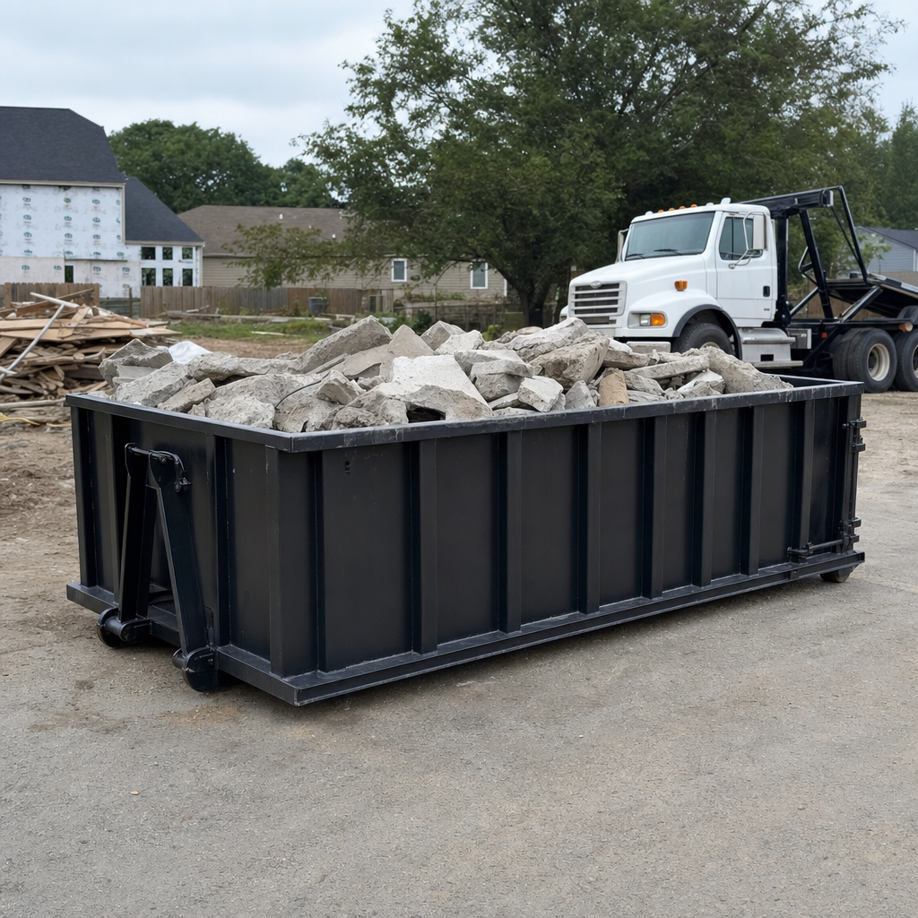 Low-profile matte-black lowboy roll-off dumpster loaded with broken concrete slab and rebar at a foundation tear-out in Buckley, skid steer parked beside it, sunny Colorado morning