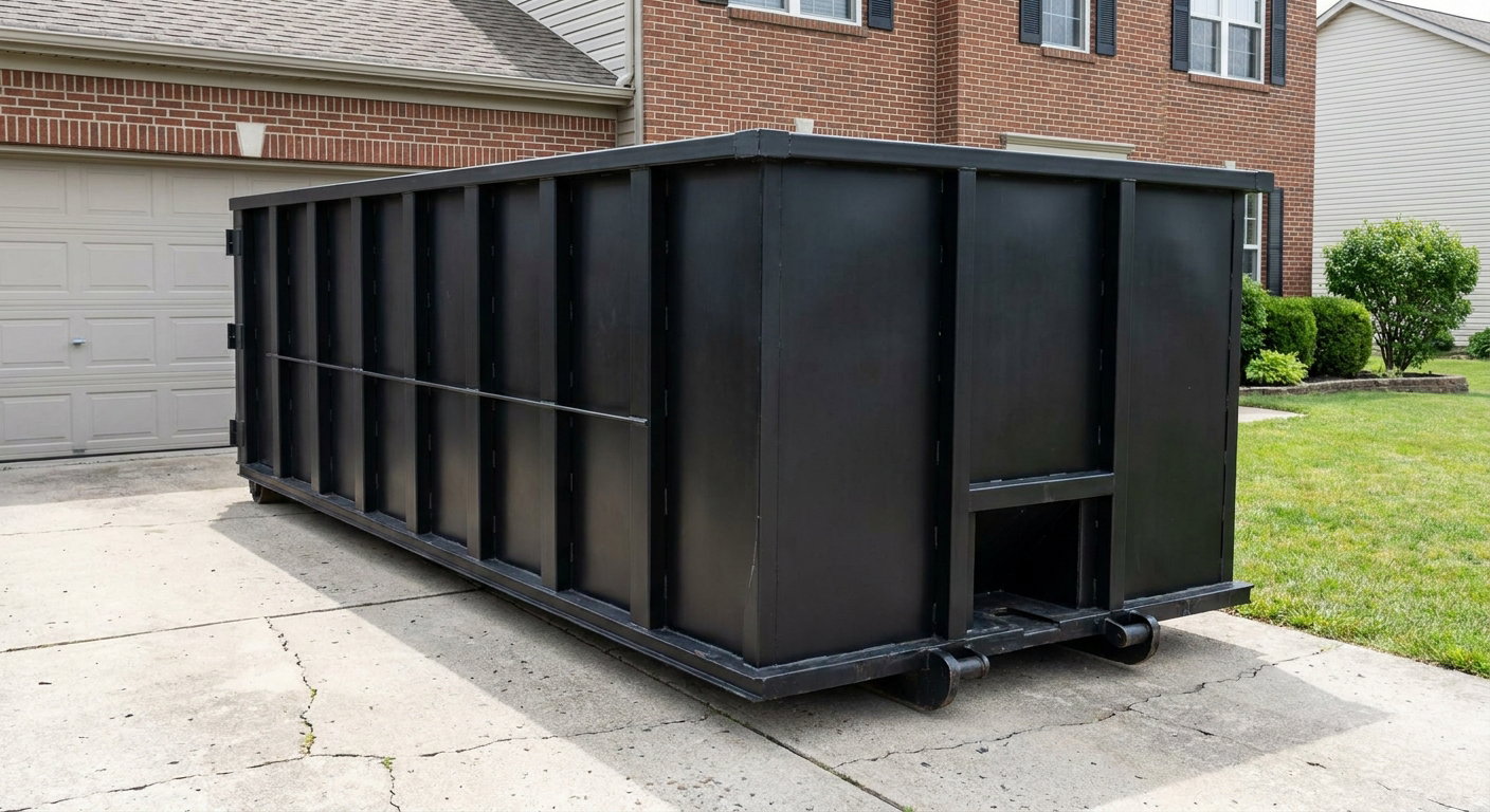 Matte-black 20-yard roll-off container on a Buckley residential concrete driveway with reinforced ribbed steel sidewalls and a hinged rear walk-in door, clean bright daylight.