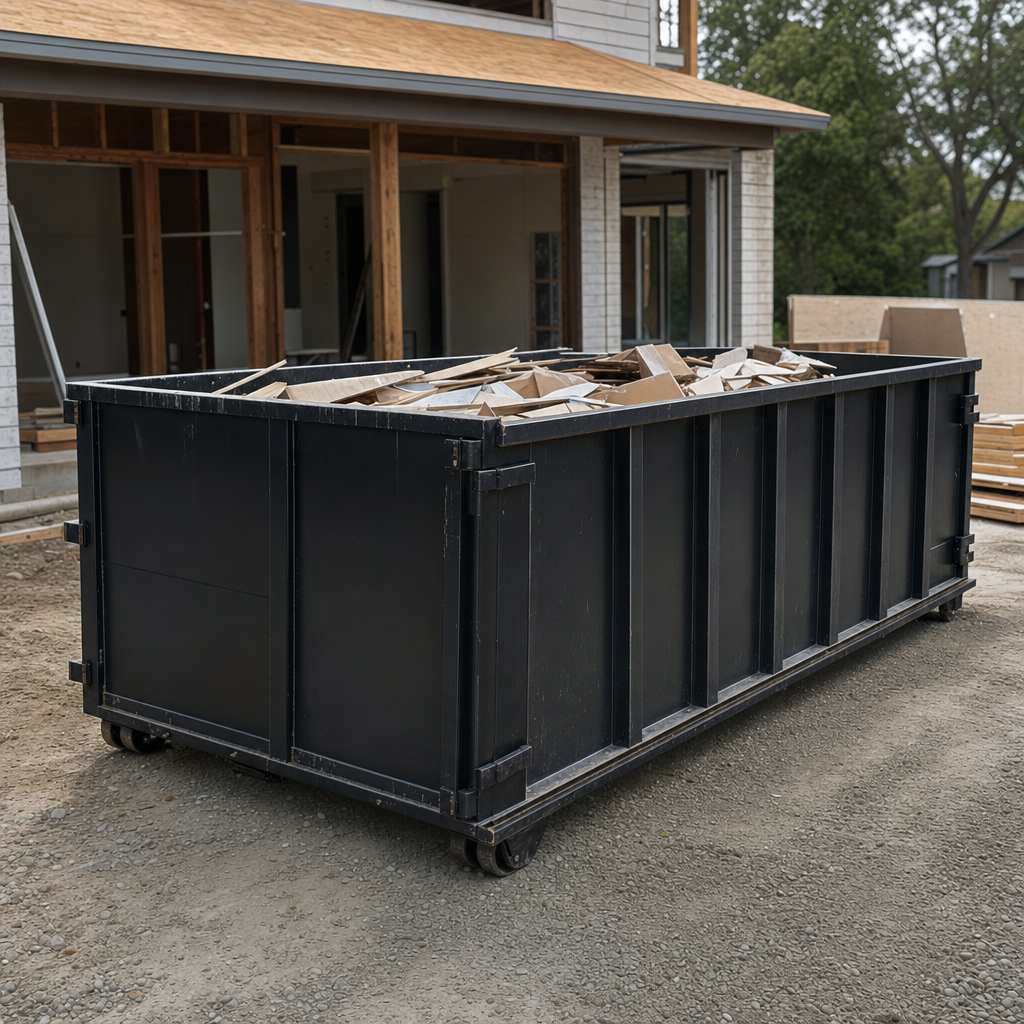 Large matte-black 30-yard construction roll-off dumpster at an active Buckley jobsite, steel-gray top rails and bottom rollers visible, loaded with construction debris.