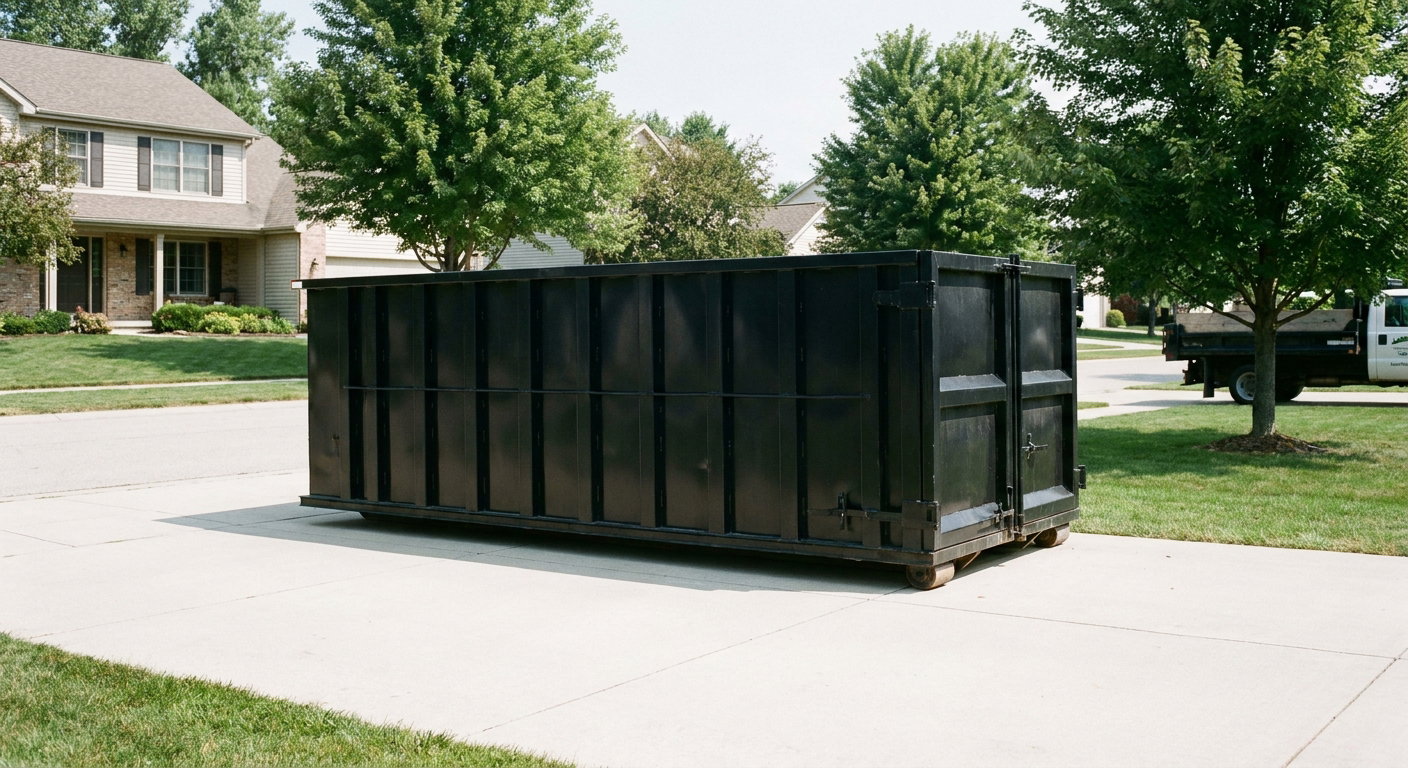 Matte-black 20-yard roll-off dumpster sitting level on a clean Buckley residential concrete driveway under bright daylight, demonstrating clean placement directly on the concrete.