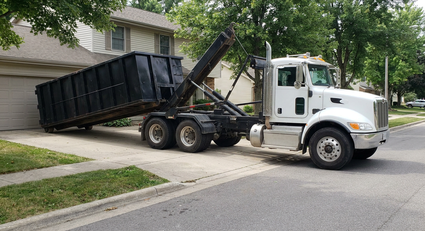 White-cab hooklift roll-off truck actively lowering a matte-black dumpster onto a Buckley residential concrete driveway, the dumpster's rear wheels touching the driveway as the hoist arm tilts the bed forward, mid-morning daylight.