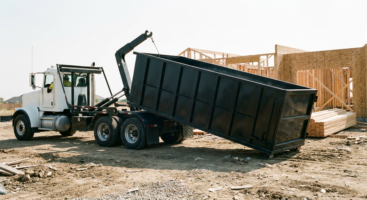 Matte-black roll-off dumpster being delivered onto a clean residential concrete driveway in Buckley by an unmarked white hooklift hauler truck, bright morning daylight, documentary 35mm perspective.