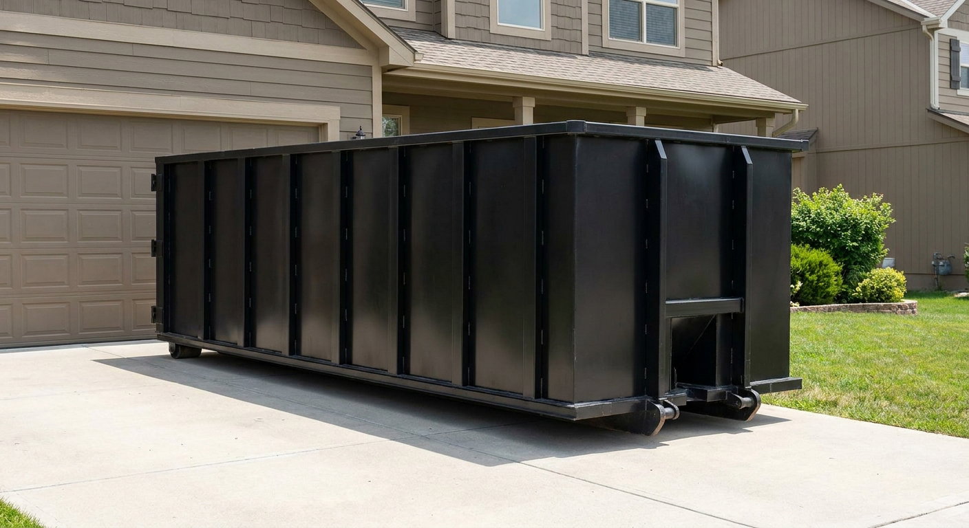 Matte-black residential roll-off dumpster sitting directly on a suburban Buckley concrete driveway, garage door closed, single-family home in background, bright morning daylight.