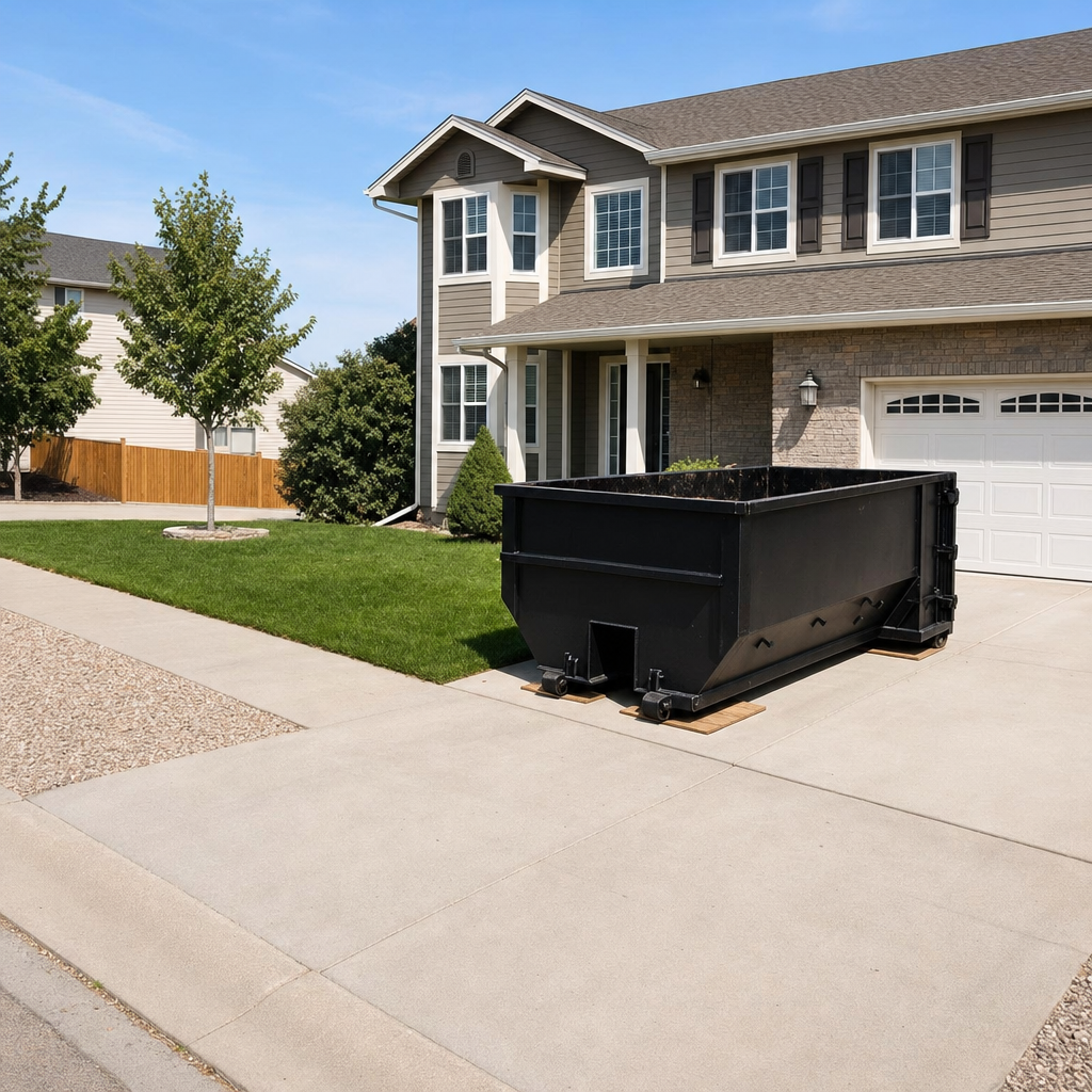 10-yard matte-black residential dumpster placed directly on a narrow Buckley concrete driveway, room remains for a parked sedan beside it, mid-morning natural light
