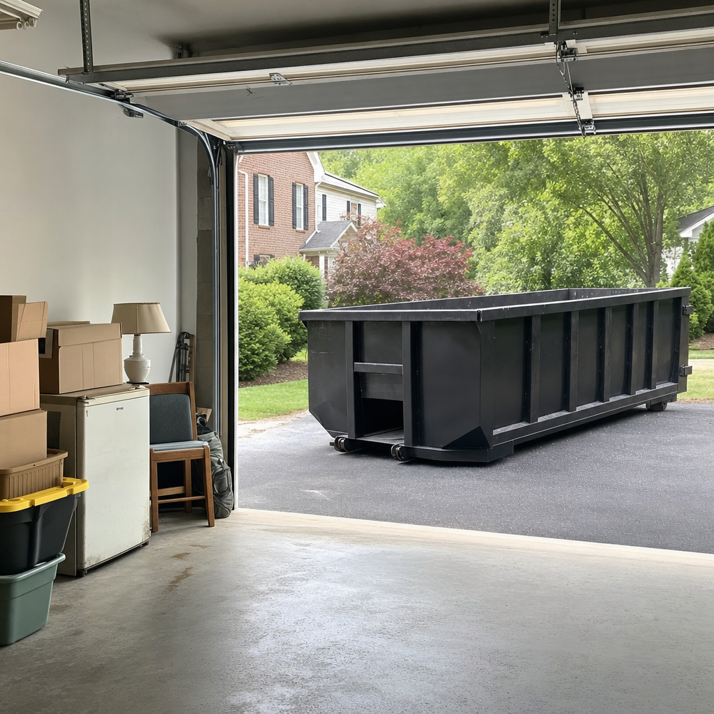 Open garage interior in a Buckley home mid-cleanout — boxed items, an old appliance, and stacked yard tools queued near the driveway for a matte-black roll-off dumpster, organized and calm