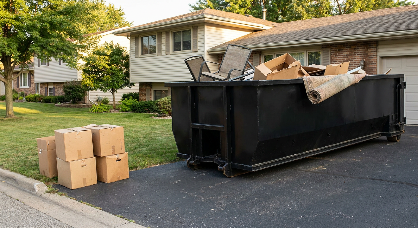 Front-yard view of a Buckley split-level home with a 20-yard matte-black roll-off dumpster sitting directly on the asphalt driveway, a few clearly labeled donation boxes staged at the curb, calm sunny afternoon.