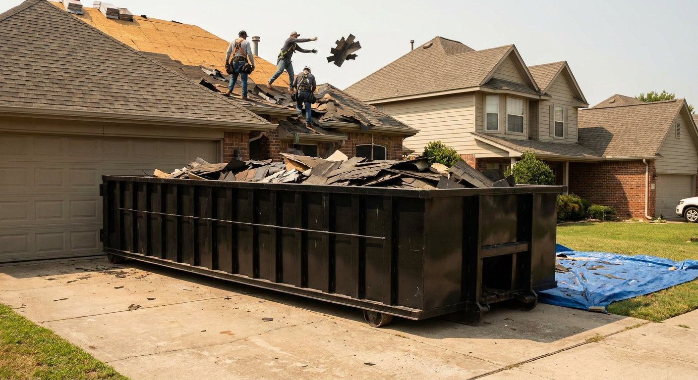 Matte-black roofing roll-off dumpster placed directly on a Buckley residential concrete driveway, a tear-off crew on a two-story asphalt-shingle roof tossing shingle bundles into the low-walled container, bright daylight, documentary 35mm perspective.