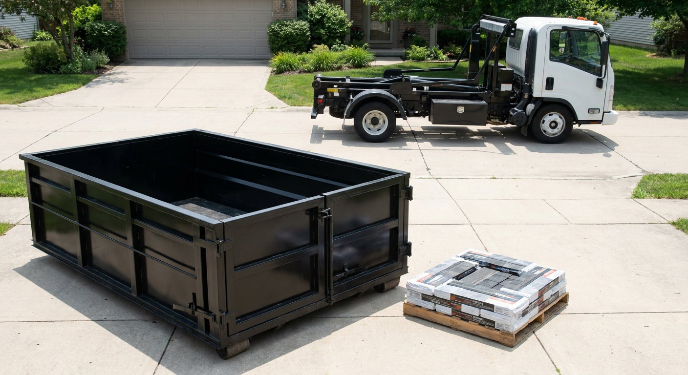 Matte-black 15-yard roofing roll-off dumpster with reinforced low side walls sitting directly on a Buckley residential concrete driveway, three-tab asphalt shingle bundles stacked nearby, an unmarked white hauler truck partially visible at the edge of the frame.