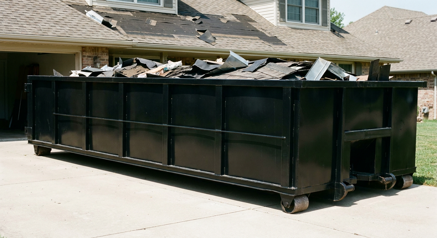 Matte-black 20-yard roofing roll-off dumpster with steel ribbed sides and swinging rear door, sitting directly on the concrete driveway of a two-story Buckley home, asphalt shingle debris being loaded over the low wall, clean documentary lighting.