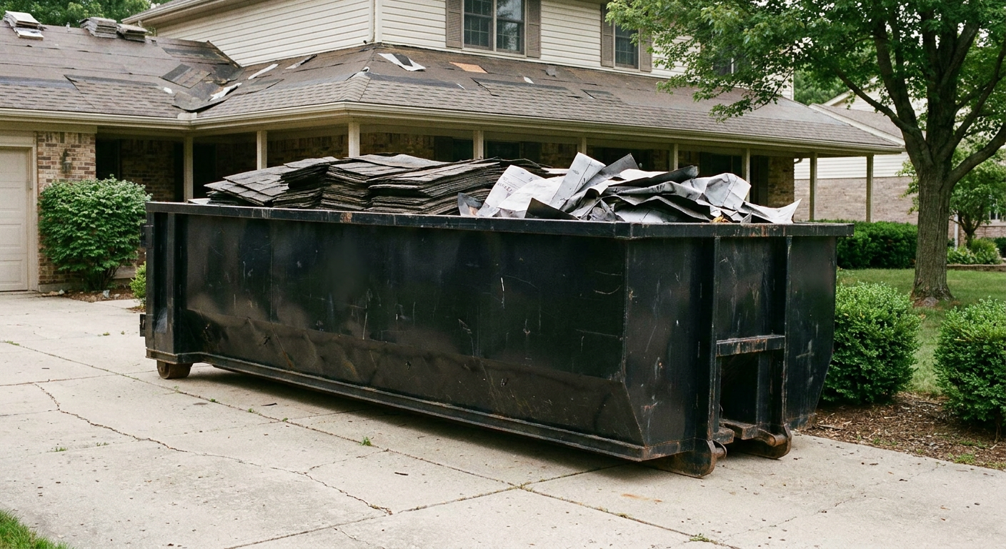 Matte-black 30-yard roofing roll-off dumpster sitting directly on a Buckley concrete driveway, taller ribbed steel side panels, mixed tear-off debris of asphalt shingles and underlayment inside, professional documentary daylight.
