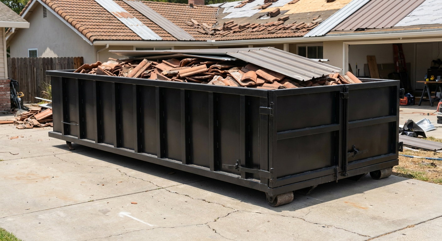 Matte-black low-wall heavy-debris roofing roll-off dumpster sitting directly on a Buckley concrete driveway, broken concrete clay roof tiles and metal panel sections loaded inside, reinforced ribbed steel side walls visible, bright outdoor daylight.