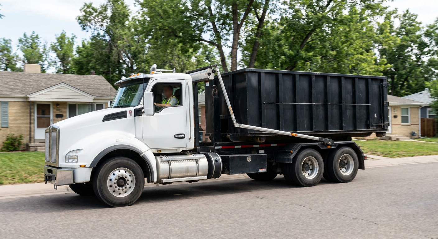 A wide documentary shot of a matte-black roll-off delivery truck pulling onto a quiet Buckley residential street at mid-morning, with neighborhood rooftops and tree-lined blocks visible behind, showing the metro coverage footprint.