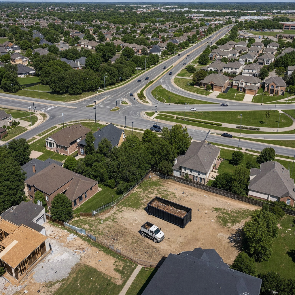 An overhead documentary view of the Buckley metro area at midday, showing the spread of neighborhoods, arterial roads, and the dispatch radius from a central yard — clean daylight, organized geographic layout.