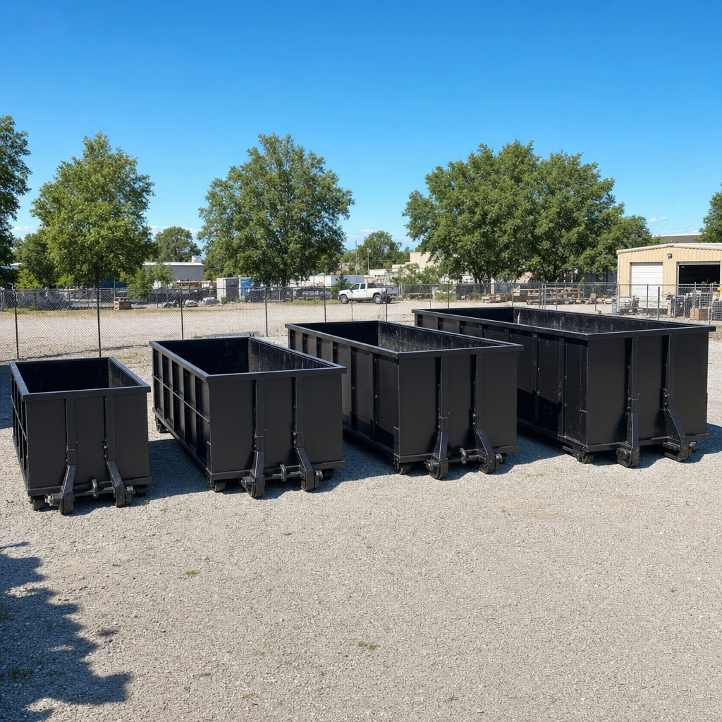 A clean lineup of matte-black roll-off dumpsters in 10, 20, 30, and 40-yard sizes staged on a sunlit gravel yard in Buckley, showing the size progression from compact to commercial-scale containers.