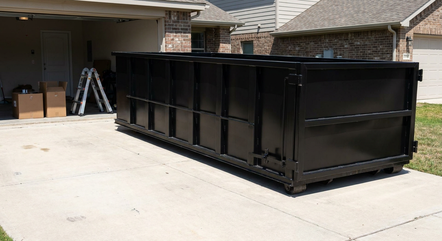 A matte-black 10-yard roll-off dumpster sitting directly on a residential Buckley concrete driveway, mid-day sunlight, clean and ready for a garage cleanout.