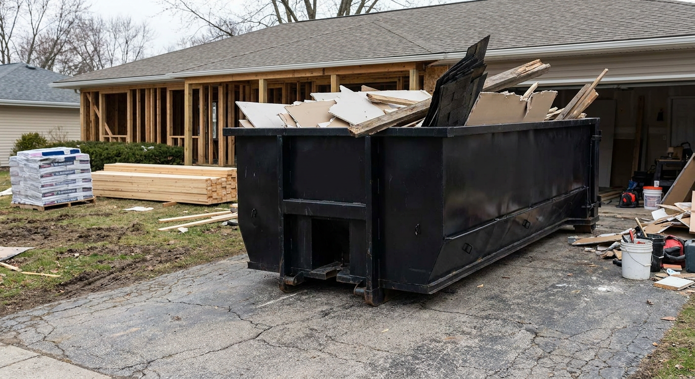 A matte-black 20-yard roll-off dumpster placed alongside a mid-renovation Buckley home directly on the asphalt driveway, with framing materials and torn-off shingles staged neatly nearby.