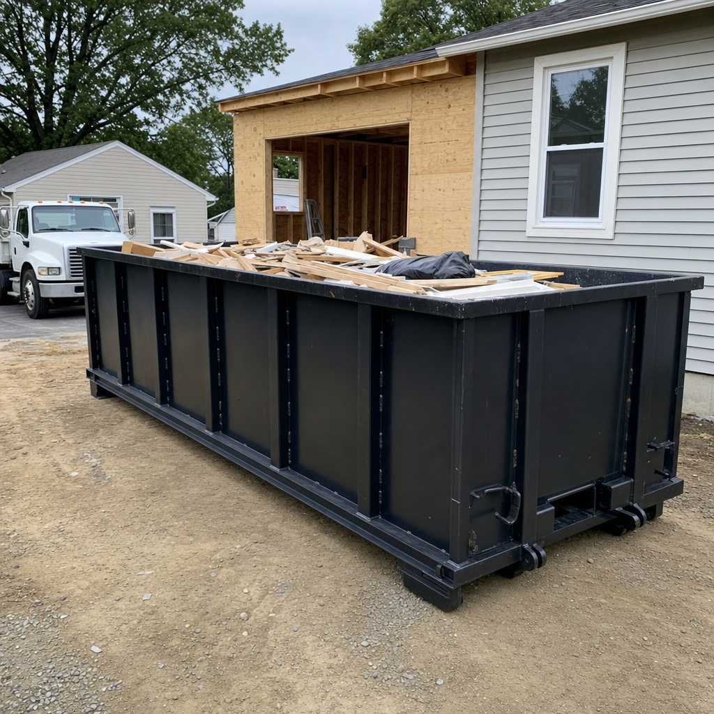 A matte-black 30-yard roll-off dumpster positioned at a Buckley residential addition jobsite, with framing lumber and drywall scraps loaded through the open swinging rear doors.