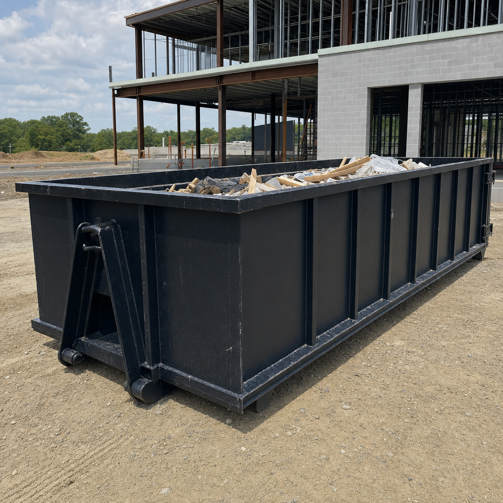 A matte-black 40-yard roll-off dumpster staged on a large Buckley commercial construction lot, with a hooklift delivery truck parked alongside under bright midday sky.