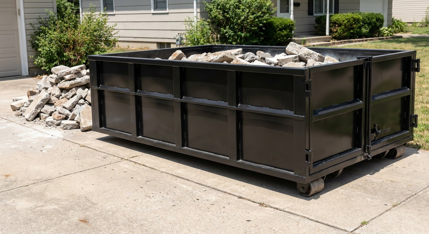 A matte-black low-side heavy-debris roll-off dumpster placed directly on a Buckley concrete driveway, with broken concrete chunks neatly stacked beside it under clean daylight.